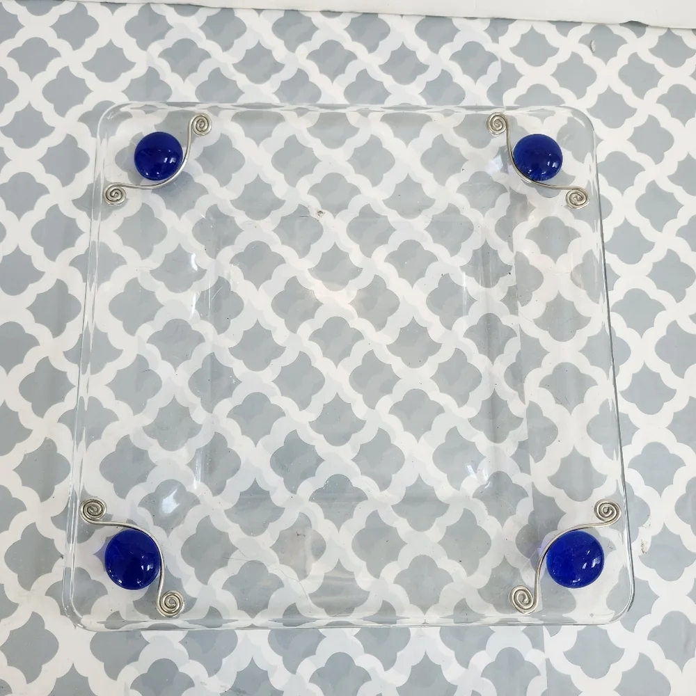 Elegant Glass Bowl and Plate Set with Blue Accents